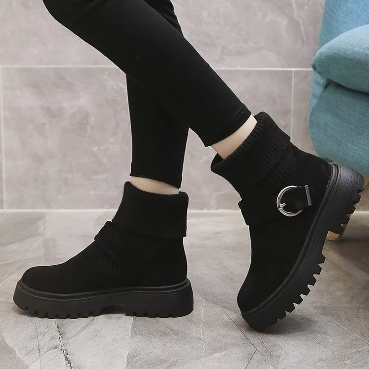 2025 Autumn And Winter New Wool Port Martin Boots Women's British Wind Belt Buckle Thick Bottom Plus Velvet Short Boots HZ0115