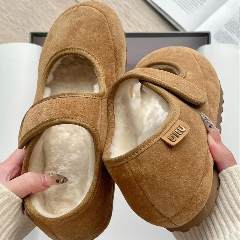The Thick Soles Of The High Mary Jane Shoes Plus Velvet Women 2025 Autumn And Winter Magic Sticker Casual Hairy Shoes HZ0115