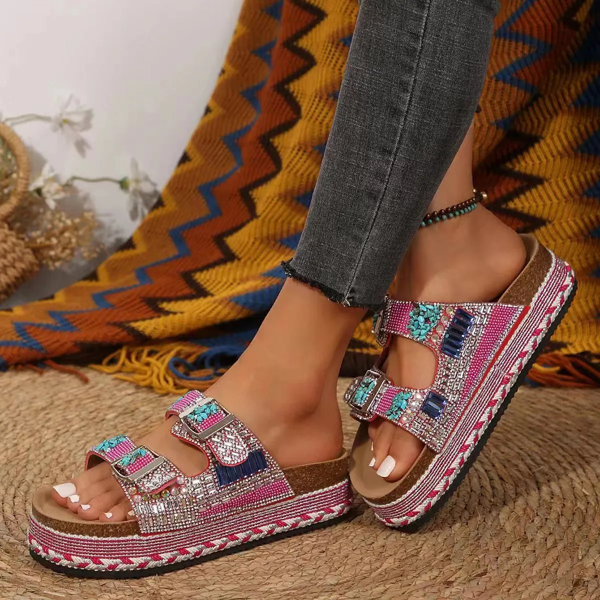 2025 New Thick Bottom Rope Double Buckle Drill Softwood Beach Slippers Large Size Women's Shoes HZ0115