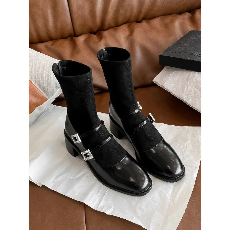 Resonable Thin Boots Women Thick And Short Boots High With French Water Drill Retro Mary Treasure Socks Boots HZ0115