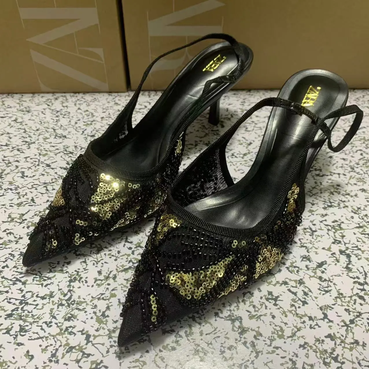 ZA Home 2025 New Women's Shoes Low Heel Temperament High Heel High-Heeled Shoes Black Gold Glide After The Stumbling Single Shoes HZ0115