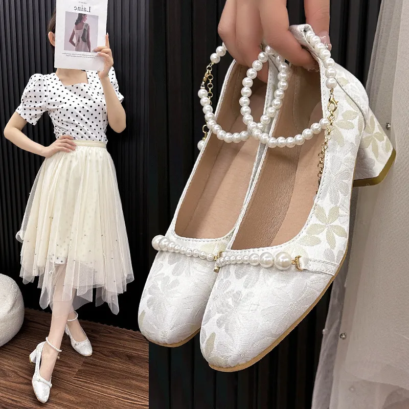 High-Heeled Women 2025 New Chinese Pearl Chain Antique Style Mary Treasure Shoes Square Mouth Thick Heel Single Shoes Women HZ0115