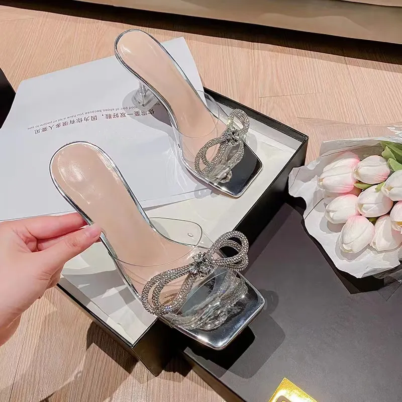 Transparent High-Heeled Women 2025 Summer New Cool Slippers Wearing Fine And Bow Crystal And Slippers HZ0115