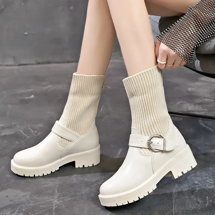 Autumn 2025 Autumn And Winter New British Wind Rough And Martin Boots Women's Woolen Mouth Belt Buckle Base Elastic Thin Short Boots HZ0115