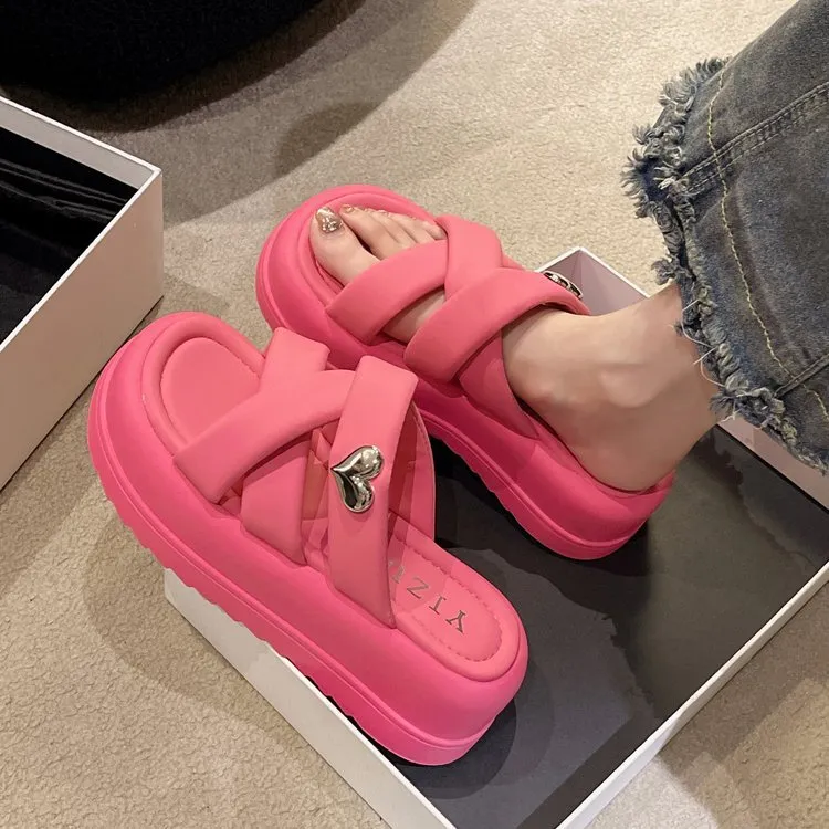 2025 Summer New Thick-Soled Soft Leather Slippers Women Wear Cross Soft-Soled Beach Shoes Casual Fairy Wind Cool Slippers HZ0115