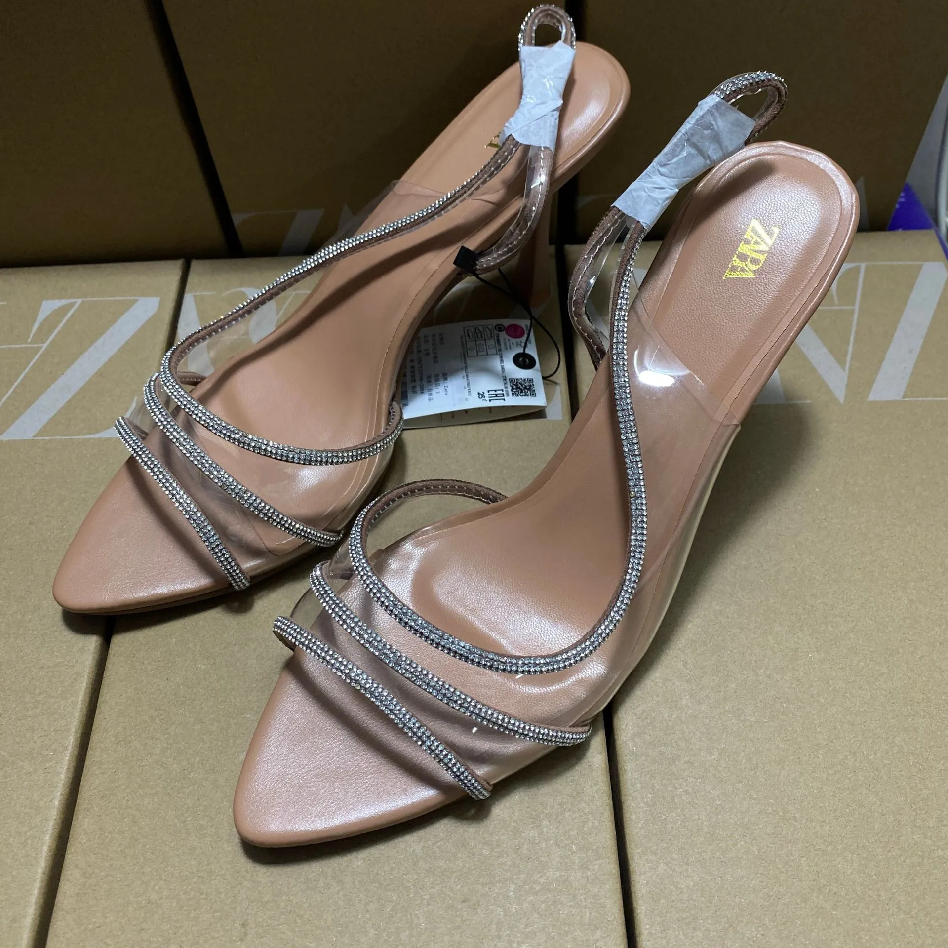 ZA Home 2025 New Women's Shoes Fashion Pointy Fish Mouth With Water Drill Fine High Heel And High Heel Lady HZ0115