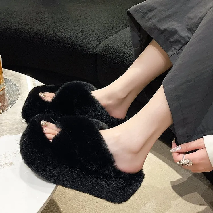 Large-Size Thick-Bottomed Fur Slippers Women 2025 Autumn And Winter New Fashion Cross-Carrying Home Cotton Slippers HZ0115