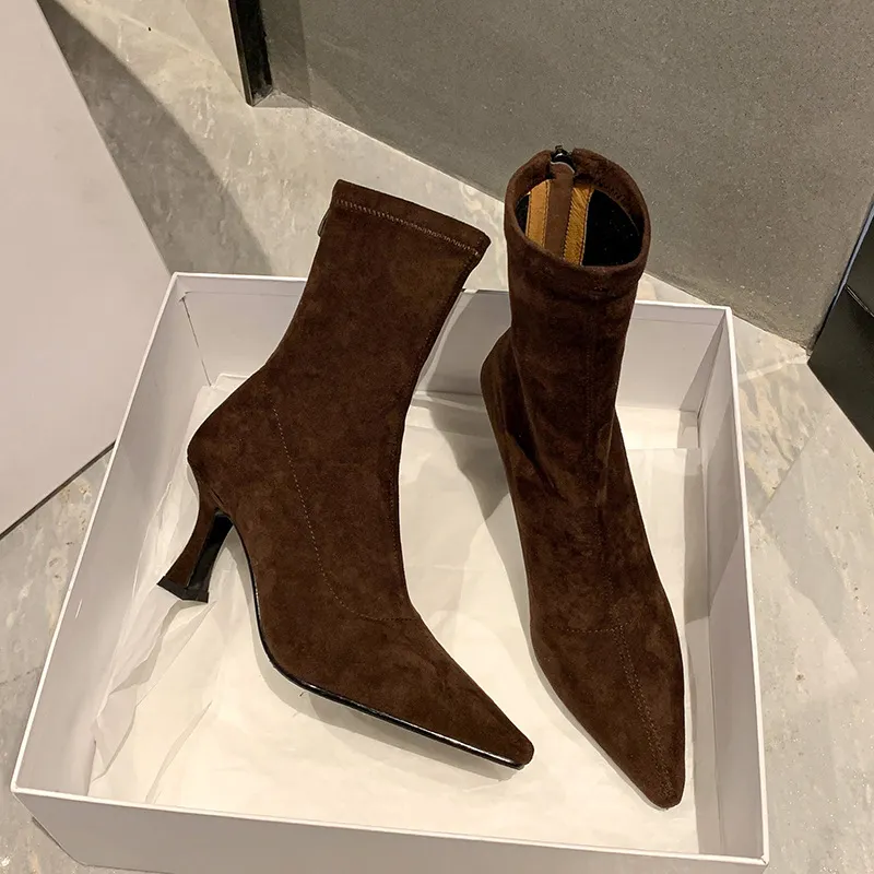 South Korea Pointed High And Short Boots Women Autumn And Winter 2025 New Zipper Velvet Fine And Bare Boots Elastic Thin Boots Socks Boots HZ0115