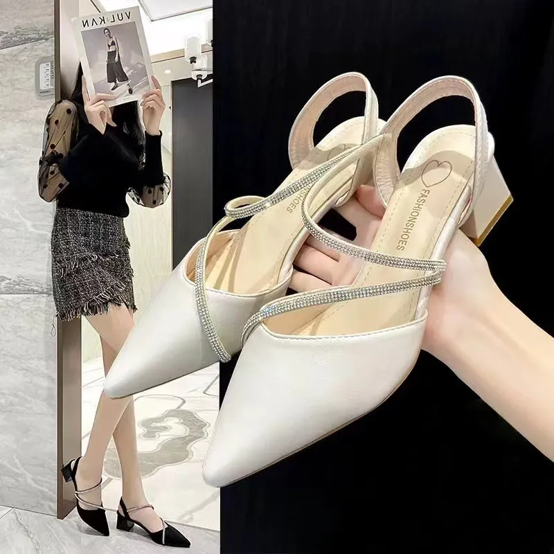 Sharp-Headed Water Drill Sandals Women Summer French Coarse High Heels Retro Single Shoes Femininity Spring HZ0115