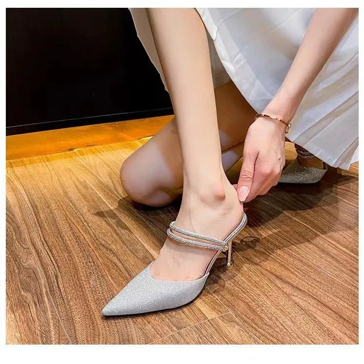 High-Heeled Women 2025 Summer New Water Drill Fine Heded Shallow Half Drag Two Slippers Wearing High-Heeled Sandals HZ0115