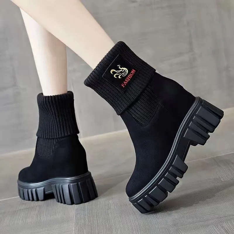 Knitted Socks Boots Women 2025 New Small Net Red Thin Boots Spring And Autumn Velvet Thick Bottom To Increase Short Boots HZ0115