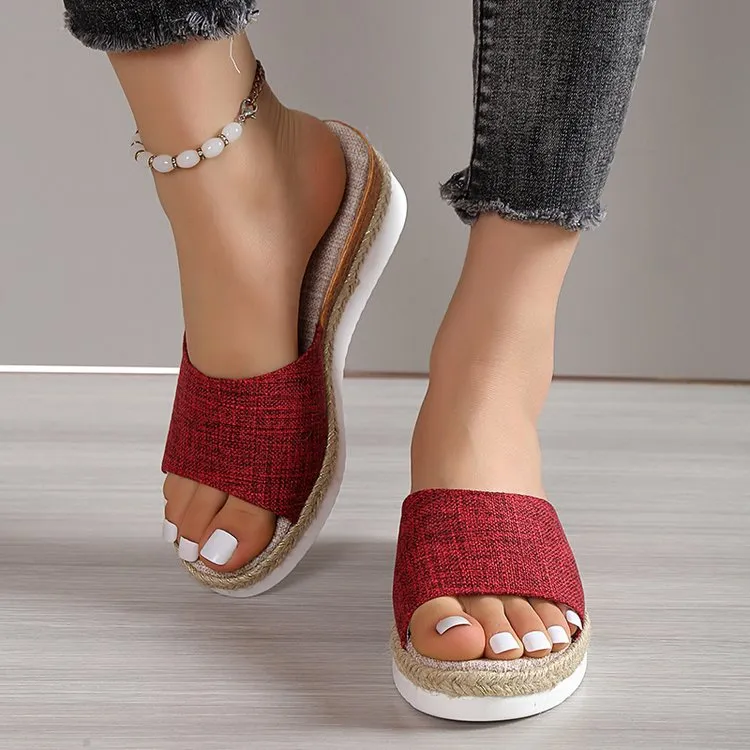 Large-Size 2025 New Pine Cake Heel Toe Cool Slippers Cloth One-Word Drag Cloth Women's Shoes HZ0115