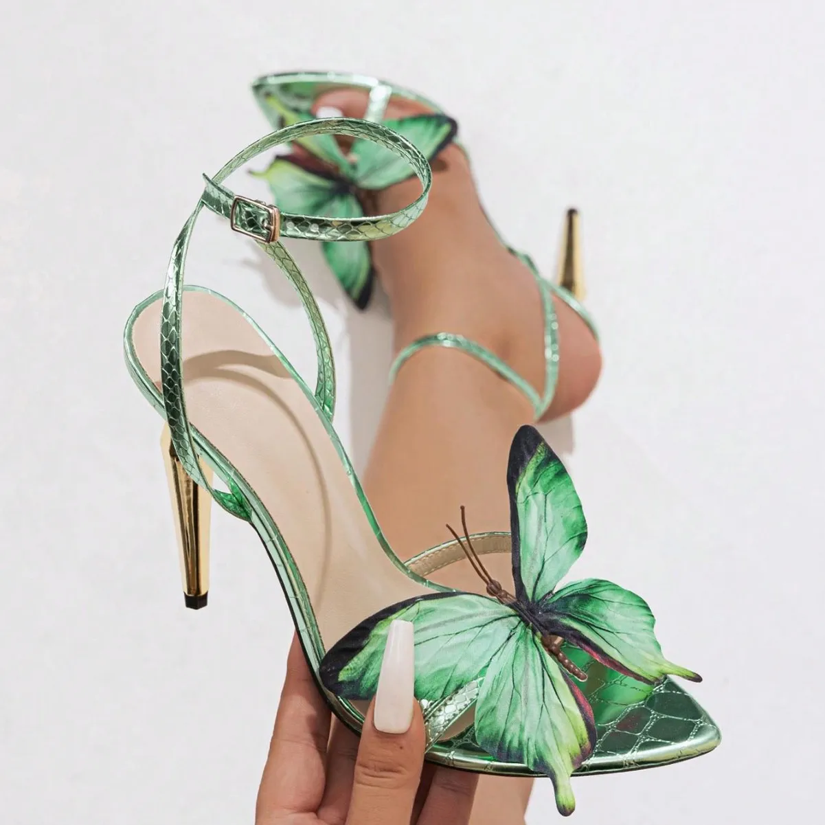 Women's Three-Dimensional Butterfly Decorative Fine High Heel Sandals Green High Heels HZ0115