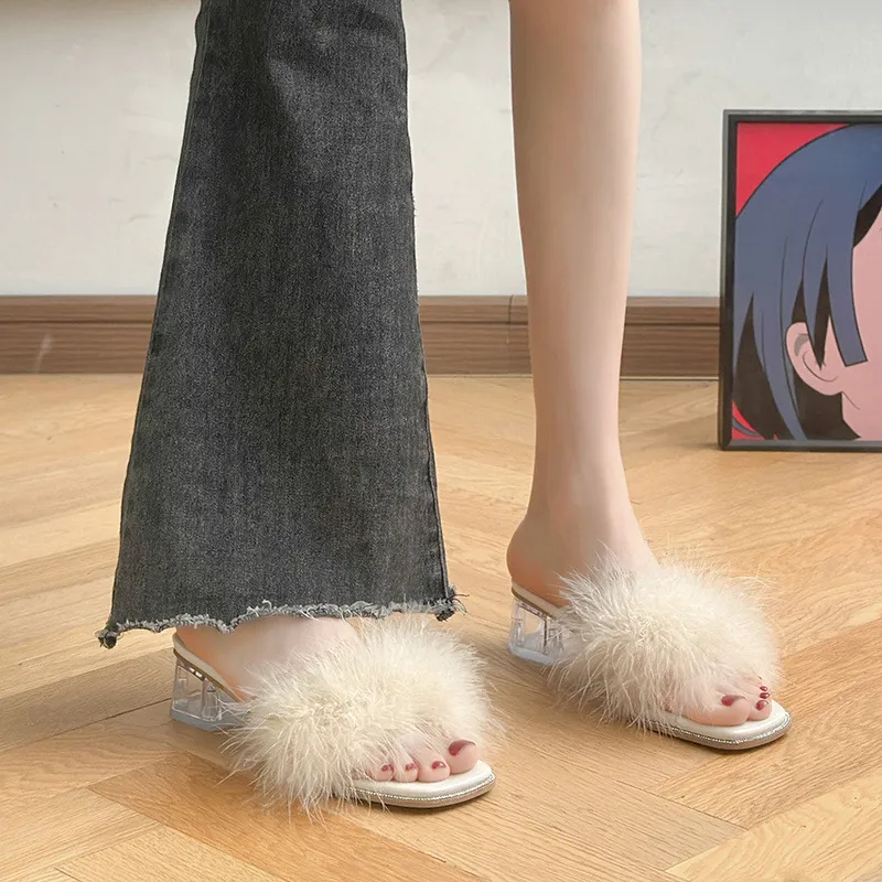 High-Heeled Women 2025 Summer New French Fur Slippers Transparent Crystal Shoes Coarse Heel Side With Sandals HZ0115