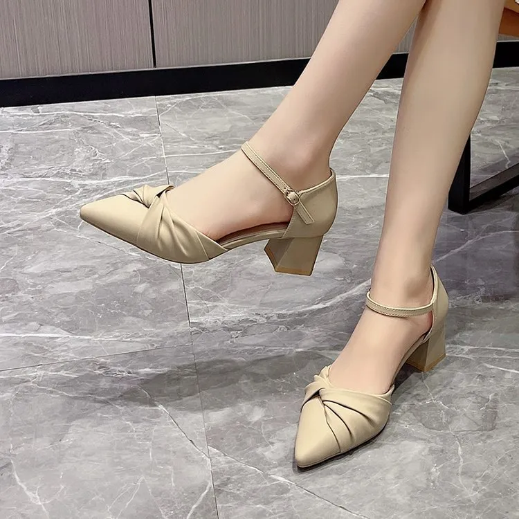 High-Heeled Women's 2025 New Korean Version Of The Thick Heel Tip Folded Single Shoe Buckle Fashion Sandals HZ0115
