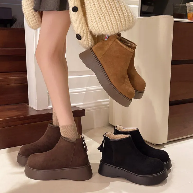 Thick Bottom Snow Boots Women 2025 Winter New Loose Cake Heel Round Head Zipper To Keep Warm Short Boots Cotton Shoes HZ0115