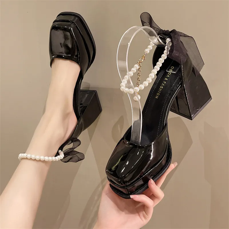 Mary Jane Shoes Thick Heel Waterproof Table Thick Soles To Height Hot Girl Patent Leather Black Temperament French High Heel Small Leather Shoes HZ0115