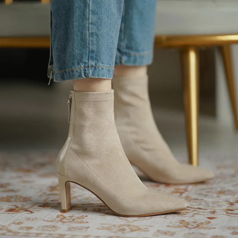 Skinny Boots Gentle Apricot Temperament Tip High Hedging Socks Boots And Ankle Boots Elastic Short Boots Women HZ0115