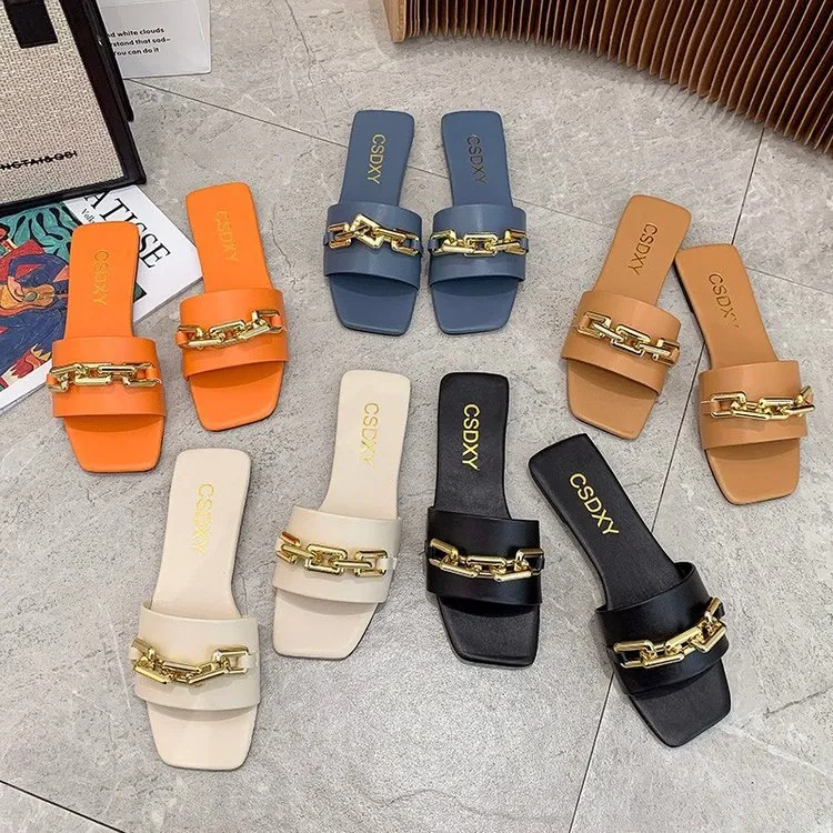 2025 New Korean Version Of The Metal Chain A Word Cool Slippers Women Wear Flat-Bottomed Fashion Slippers HZ0115