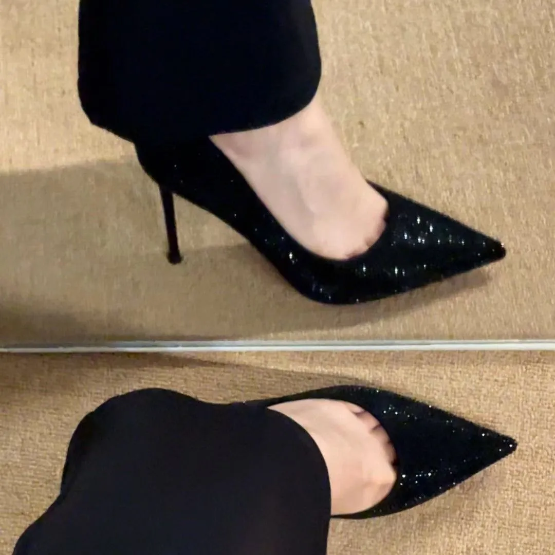 Black Red-Soled High Heels Women's Fine Heel 2025 Autumn/Winter Autumn And Winter New Sequin Crystal Wedding Shoes At The Tip Of Professional Sexy Single Shoes HZ0115