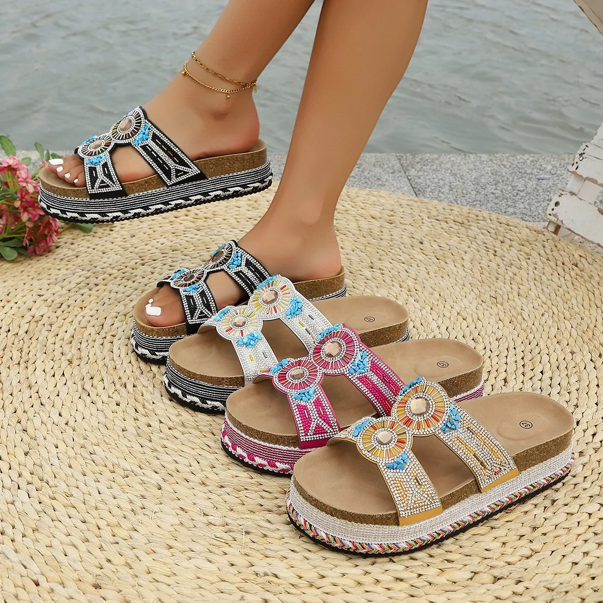 2025 New Thick Bottom Rope Double Buckle Drill Softwood Beach Slippers Large Size Women's Shoes HZ0115