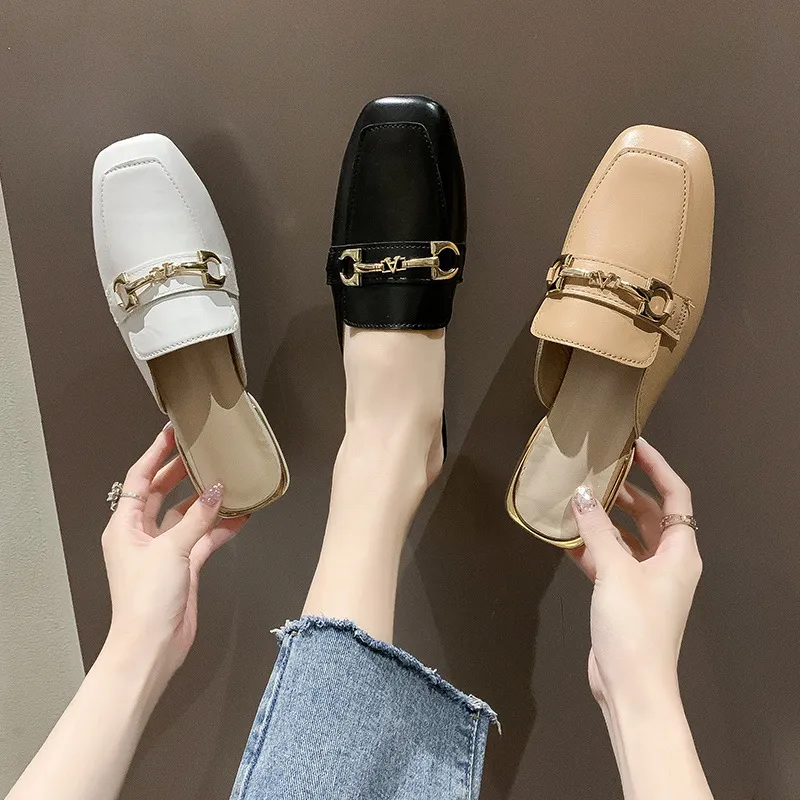 High-Heeled Women 2025 Spring And Autumn New Square Head Thick And Shallow Mouth Bag Head Down A Foot Pedal Wearing Slippers HZ0115