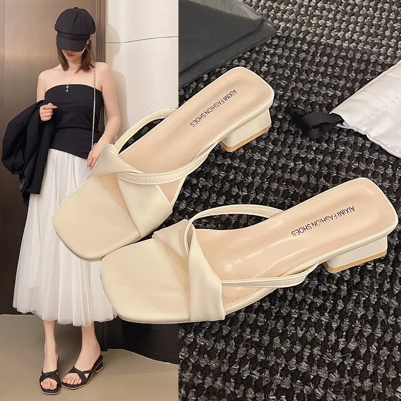 High-Heeled Women 2025 Summer New French Niche Head Thick One With Sandals Wearing Slippers HZ0115