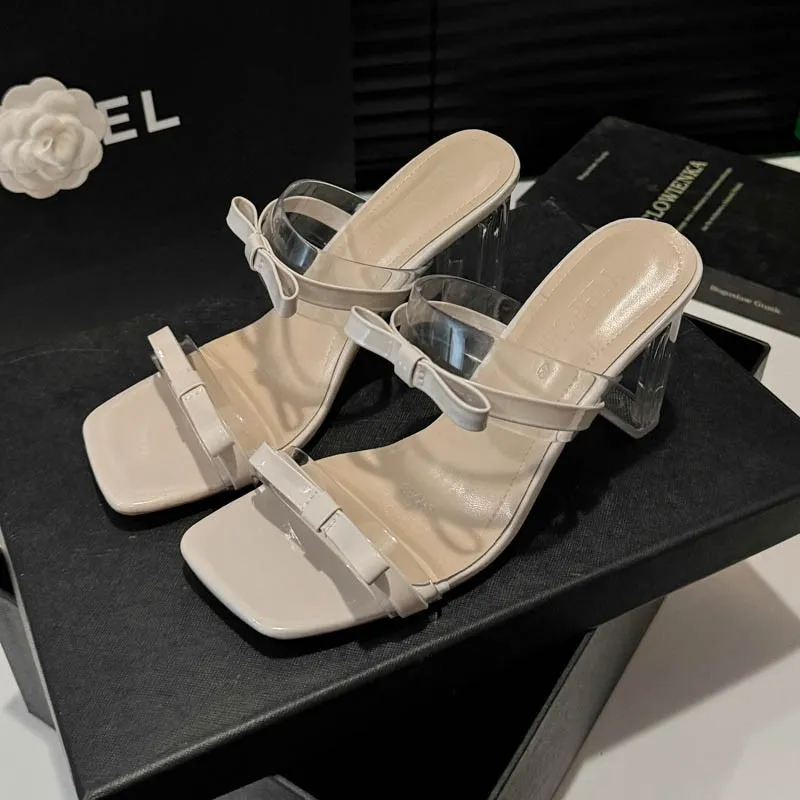 High-Heeled Women 2025 Summer New French Head Bow One-Word Crystal Sandals Coarse Slippers Women HZ0115