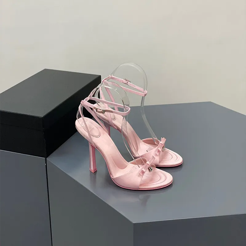 2025 New Summer Bow Silk Satin High Heels Women Feel Water Drill Letters Fine And Exposed Cool Slippers Pink HZ0115