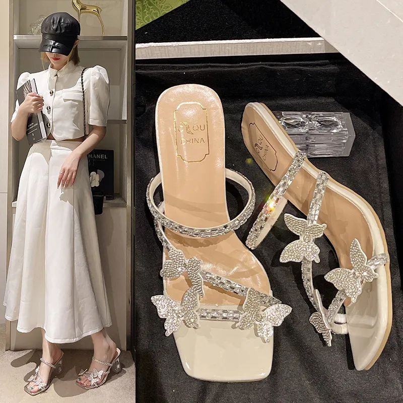 High-Heeled Women 2025 Summer New Butterfly Water Drill With Crystal Heel Sandals Square Head And Slippers Woman HZ0115