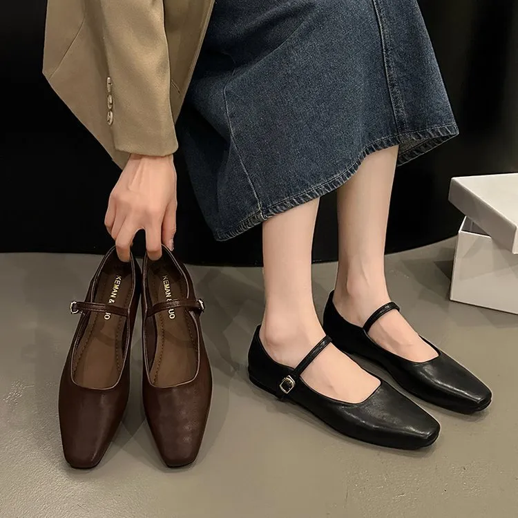 2025 Spring New Single-Shoe Women's Fashion Side Shallow Mouth Button Mary Treasure Shoes Fashion Small Leather Shoes HZ0115