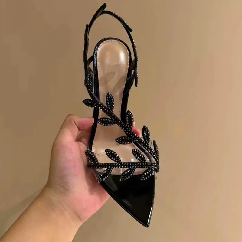 Black Water Drill Leaves Sandals New Spring And Autumn Sharp Leather Temperament With A Beautiful And Thin Word With Famous High Heels HZ0115