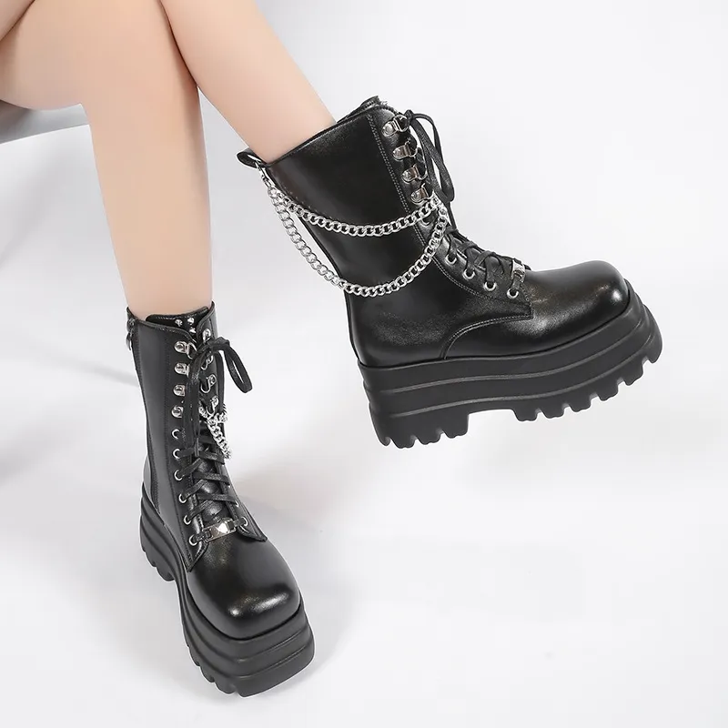 Large-Size Martin Boots Women 2025 Autumn/Winter New Fashion Pine Paste Bottom Chain Boots HZ0115