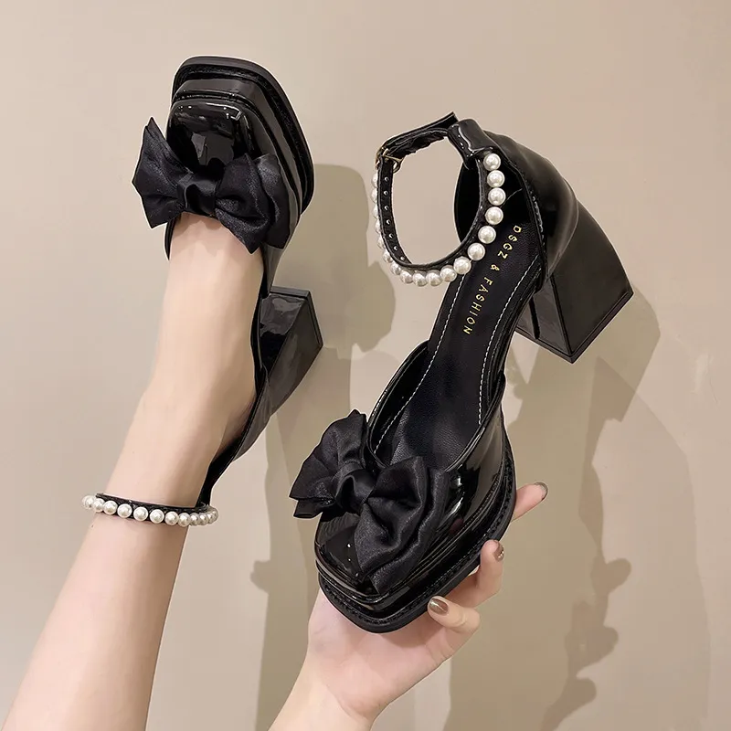 Bow High Heels Women Coarse And Mary Treasure Shoes French Pearls With Waterproof Table Single Shoes Sandals Summer HZ0115