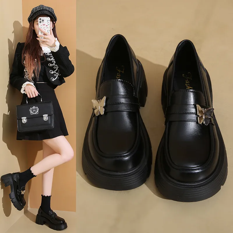 French Thick-Bottomed British Wind Small Leather Shoes Women 2025 Autumn New Black One-Legged Butterfly Single Shoes Lefu Shoes Women HZ0115