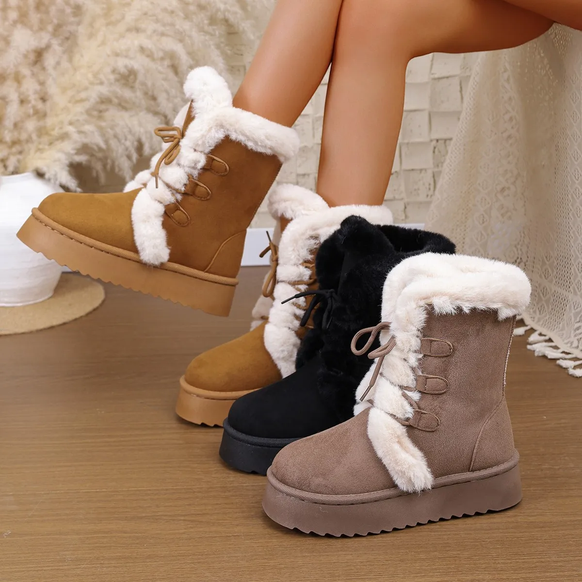 Snow Boots Women's 2025 New Hairy Mouth Women's Boots Thick Snow Cotton Thick And Velvet Cylinder Large-Size Cotton Boots HZ0115
