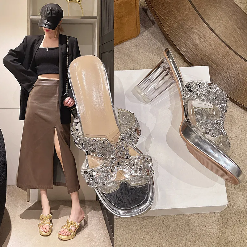 High-Heeled Women 2025 Summer New French Coarse And Stylish Sandals Round Waterproof Waterproof Table Wearing Slippers HZ0115