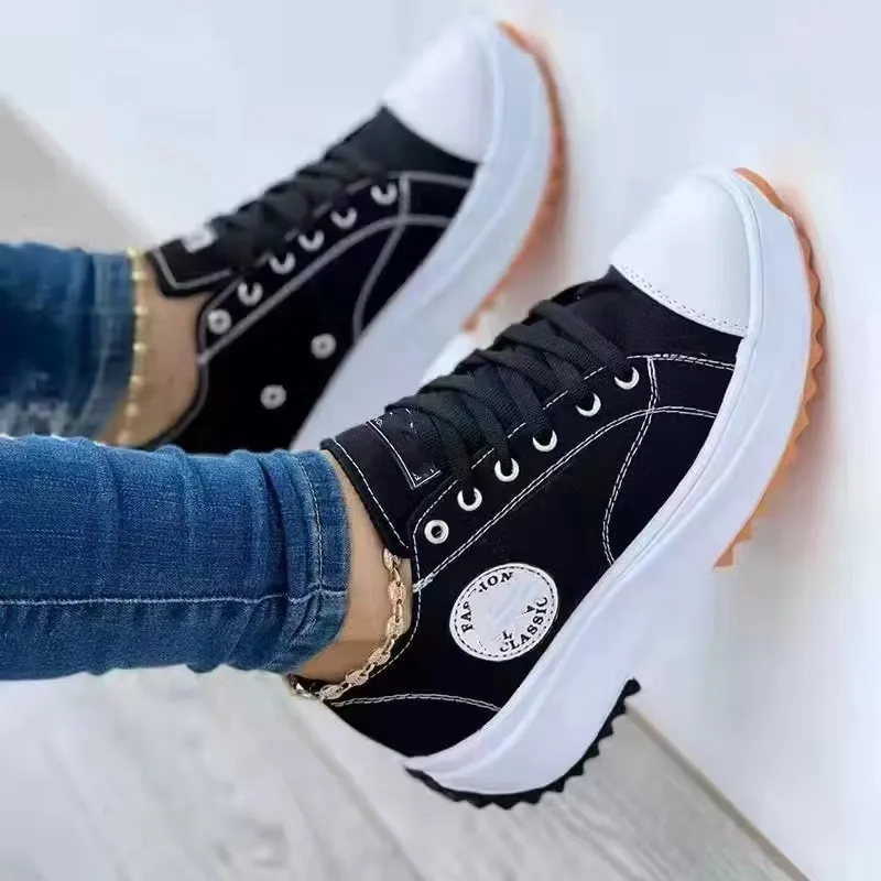 2025 New Summer Canvas Shoes Casual Breathable Single Shoes Large Women's Shoes Thick Soles Lace Women's Shoes HZ0115