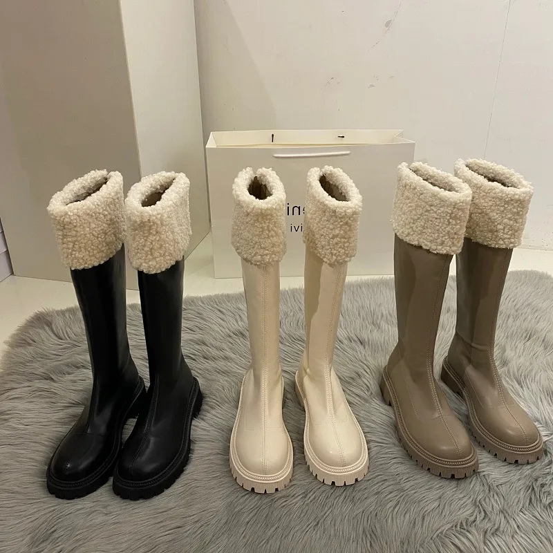 Thick-Bottomed Brown Long-Heeled Knight Boots Women's Shoes 2025 New Autumn And Winter Plus Velveled Winter Shoes Snow Boots HZ0115