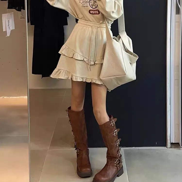 Brown West Cowboy Boots But Knee Boots Metal Belt Buckle Thick And Thick Bottom High-Sleeve Rider Boots Single Boots HZ0115