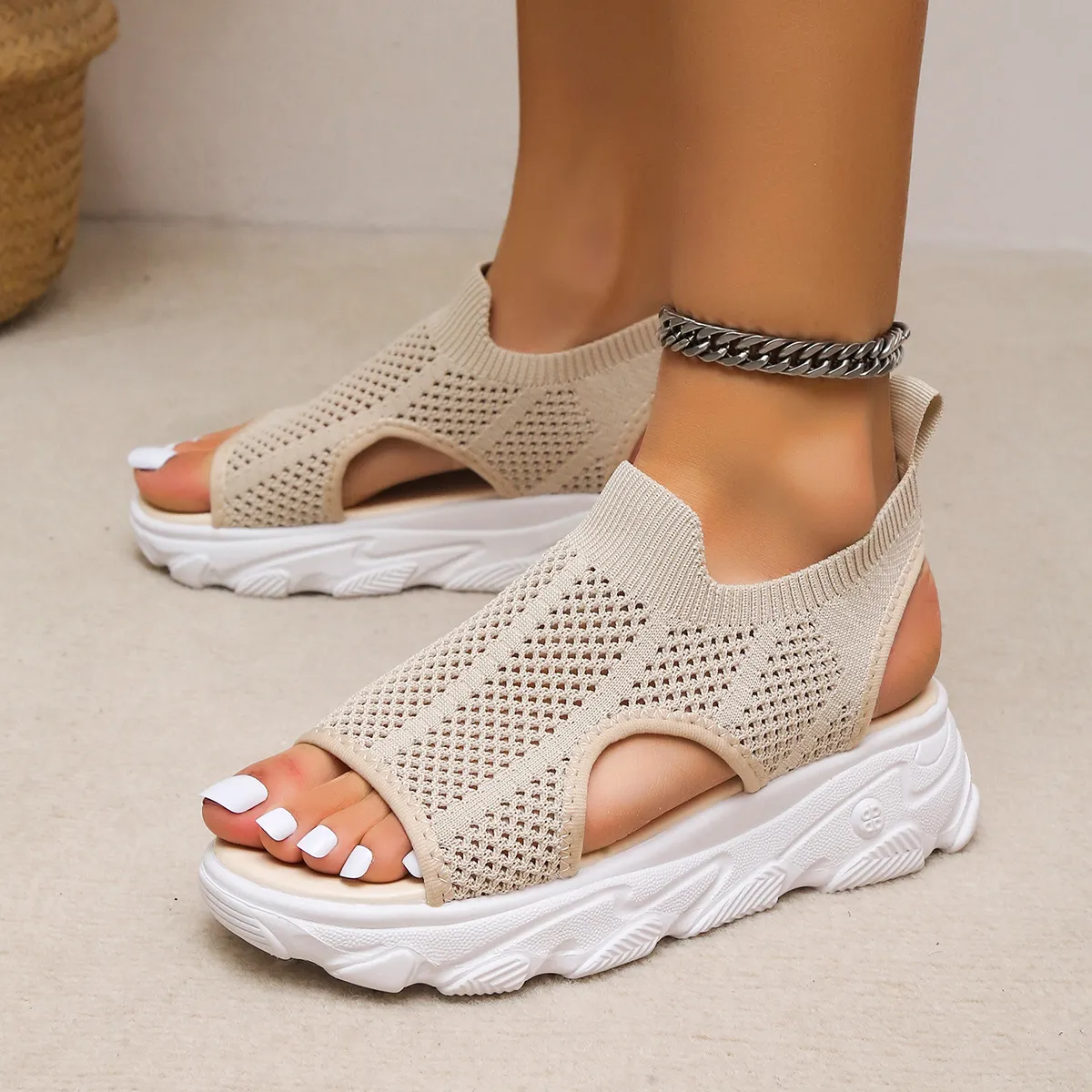 Fly Weaving Splicing Sports Sandals Women 2025 Summer New Korean Version Of Net Yarn Hollow Women's Shoes Casual Thick-Soled Fish Mouth Women's Shoes HZ0115