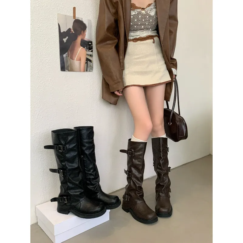 French Thick-Bottomed Coarse And Belt Buckle Folded Long Boots 2025 New Sweet Cool Hot Babes Pile Pants Tube Boots HZ0115