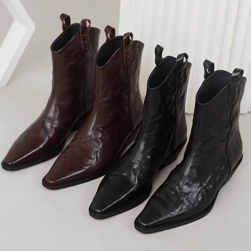 Sharp Western Cowboy Boots Women Naked Boots 2025 New Spring And Autumn Fashion Temperament Wrinkle V Mouth Thick And Short Boots HZ0115