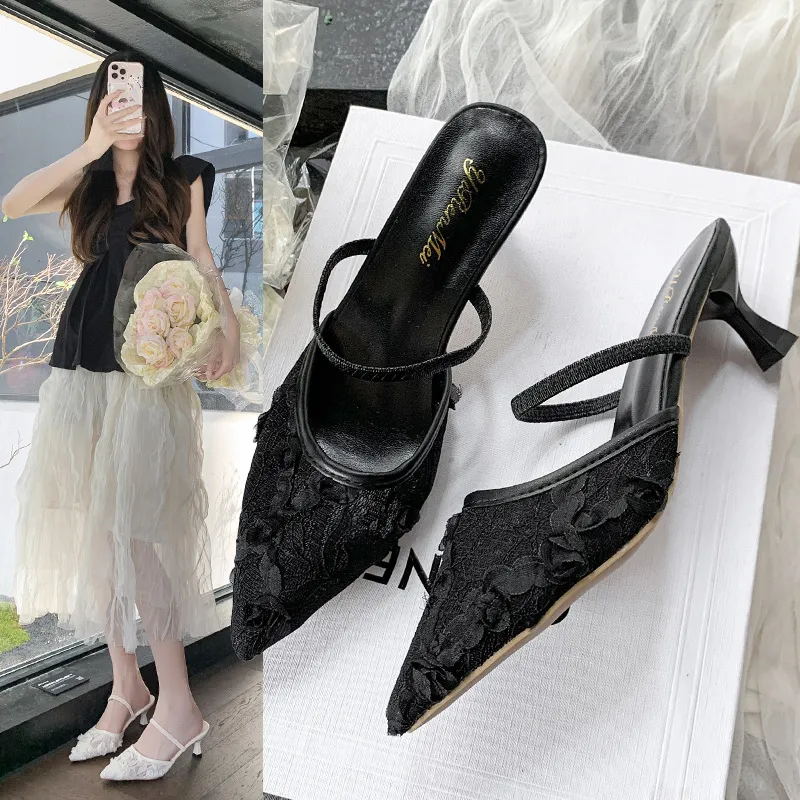 High-Heeled Women 2025 Spring And Summer New French Bag Head Half Drag Temperament Pointed Lace Fabric Fine And Slippers Women HZ0115