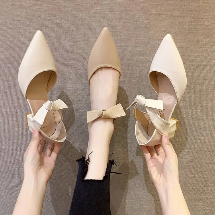 2025 Spring And Summer New Women's Shoes Korean Version Of The Thick Heel Tip Hollow Bow Single Shoes Fashion High Heels HZ0115