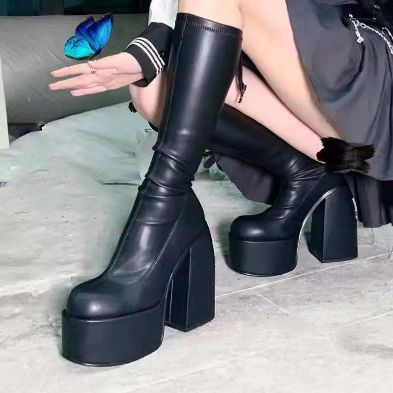 2025 New Large-Size Square Head Boots Women Thick And Thick But Knee Thin Boots High Barrel Knight Boots HZ0115