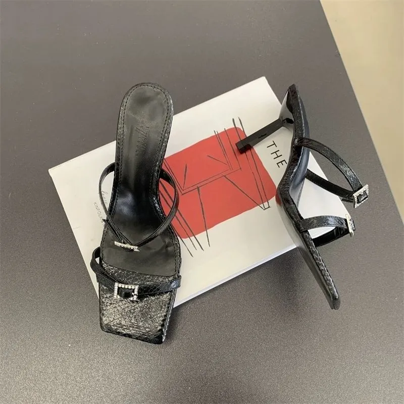 Black Square Head High-Heeled Women's New Summer 2025 Thin Heel Toes Wearing Cold Slippers Casual Women's Shoes HZ0115