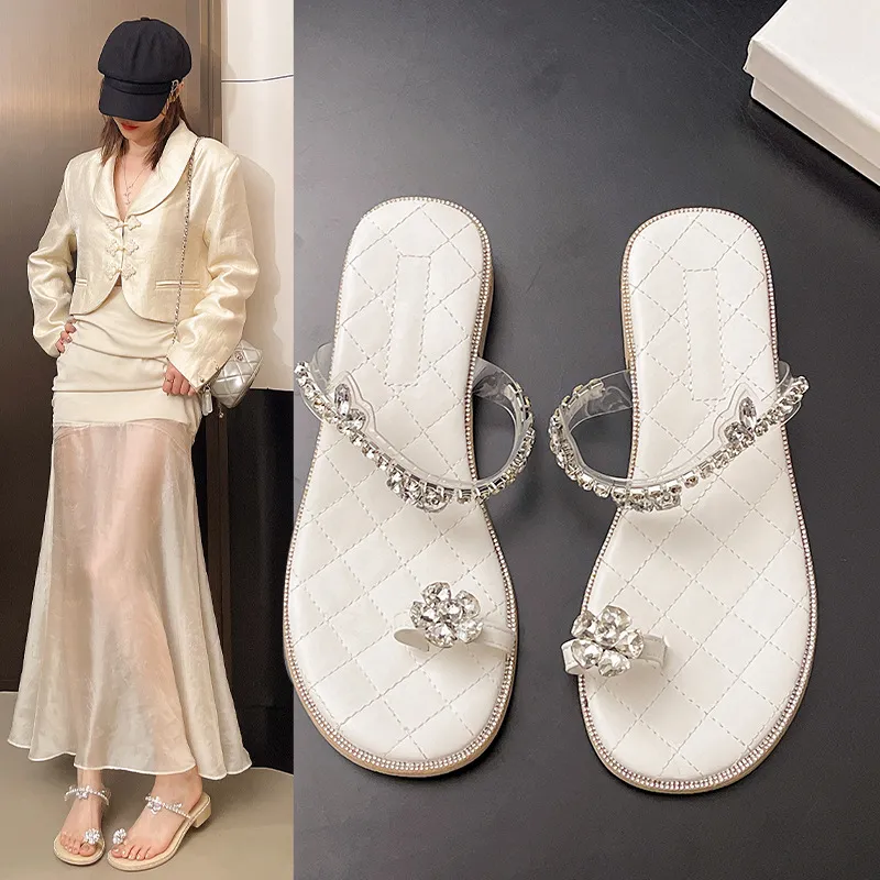 Slippers Women's New French Water Diamond In The Summer Of 2025 With Coarse Heeled Cool Drag Round Head Flower Set High Heels HZ0115