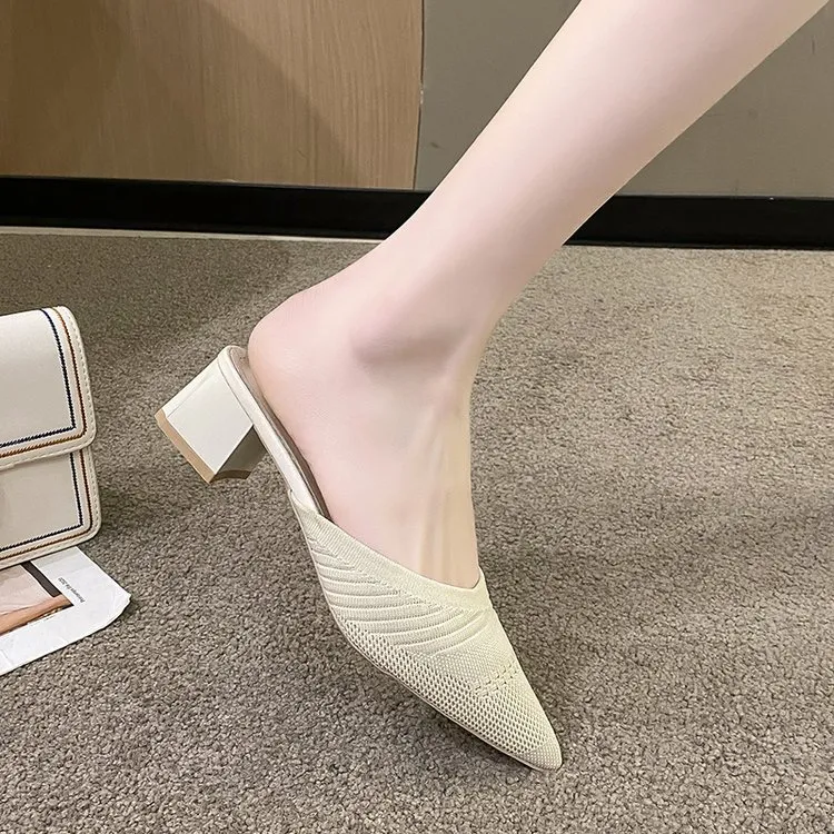 Baotou Slippers Women's Summer New Pointed Thick And Half-Dragging Knitted Lazy Fashion Wearing Cold Slippers HZ0115