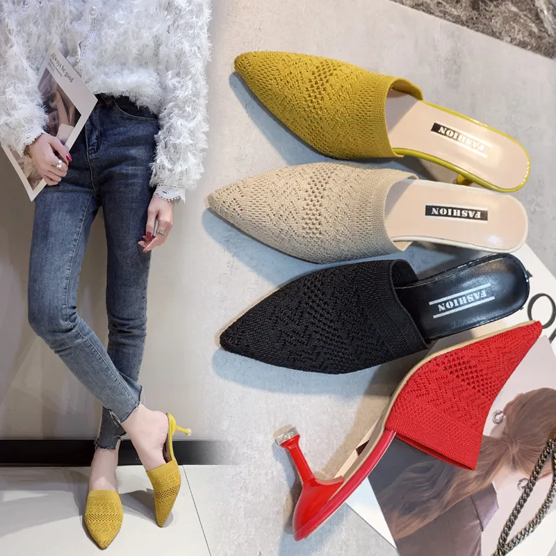 Net Red Flying Head Wear 2025 Spring New Knitted Head Hollow Tip Fine And High-Heeling Slippers Women's Cold Slippers HZ0115